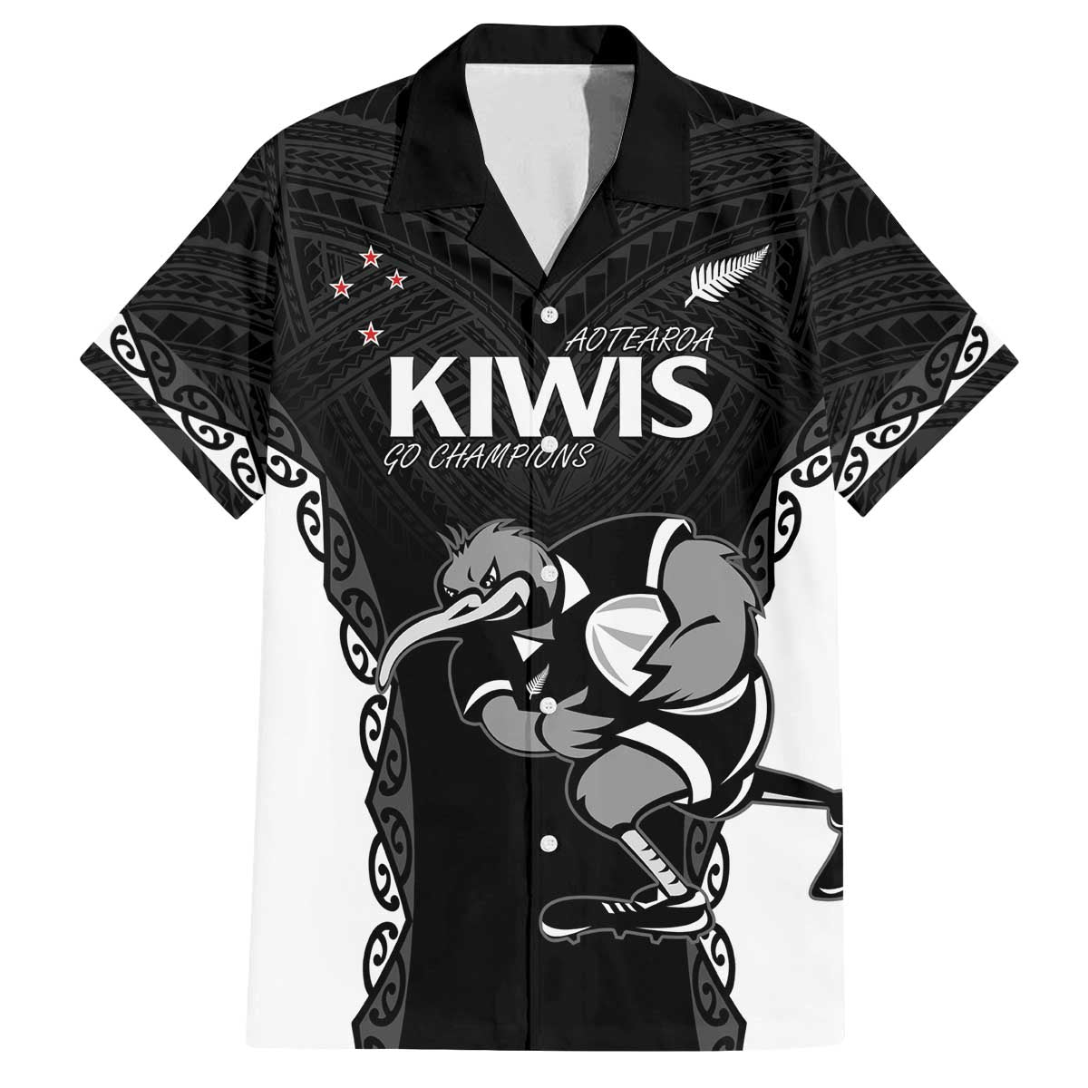 Aotearoa Rugby Custom Family Matching Off The Shoulder Long Sleeve Dress and Hawaiian Shirt Maori Kiwi - Mascot Style