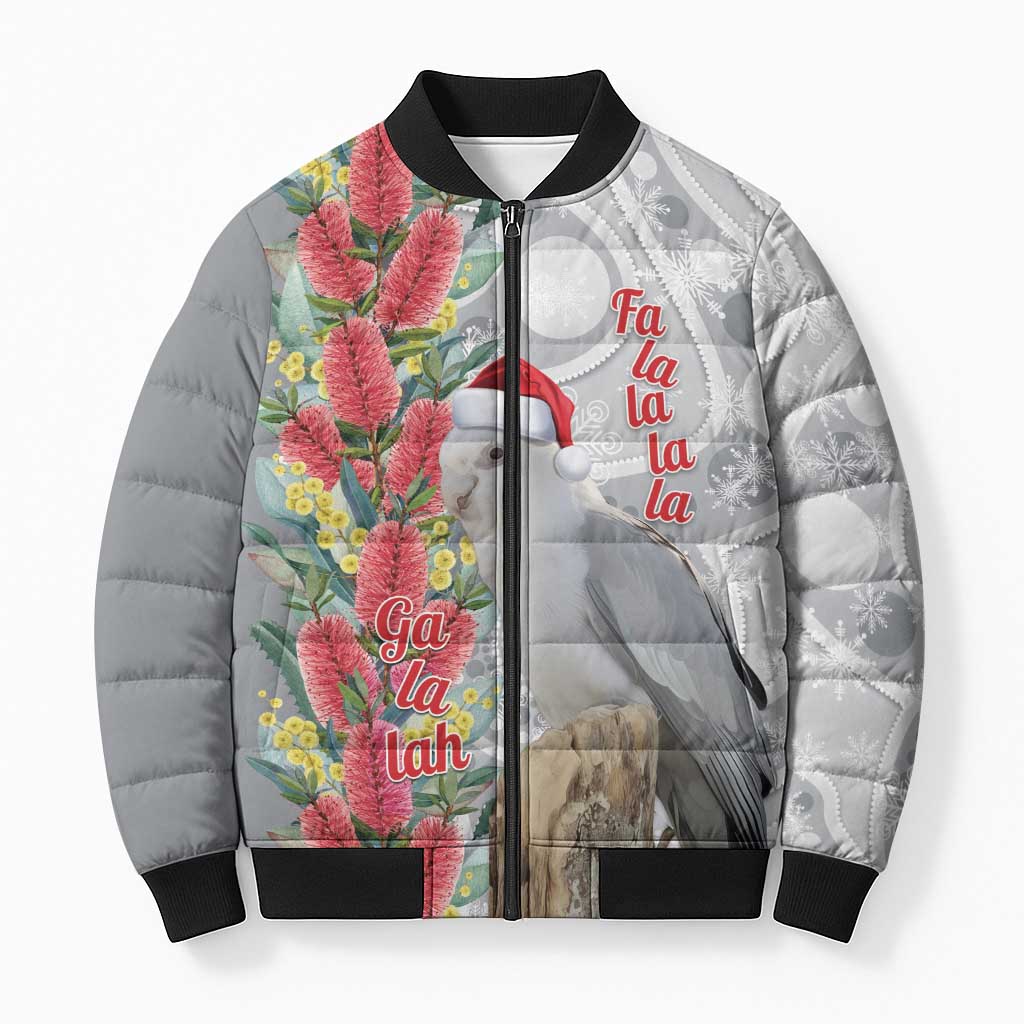 Blue Galah Mutation Christmas Australia Bomber Puffer Jacket Falalalala Galalah Bottlebrush Grey Aboriginal Art - Aussie Hoodie