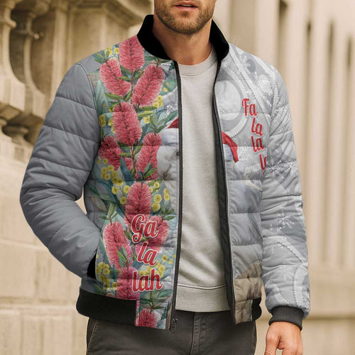 Blue Galah Mutation Christmas Australia Bomber Puffer Jacket Falalalala Galalah Bottlebrush Grey Aboriginal Art - Aussie Hoodie