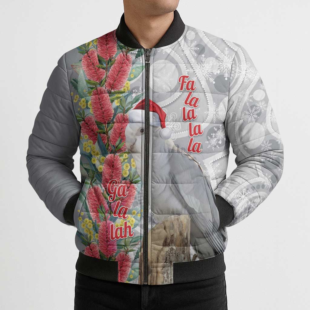 Blue Galah Mutation Christmas Australia Bomber Puffer Jacket Falalalala Galalah Bottlebrush Grey Aboriginal Art - Aussie Hoodie