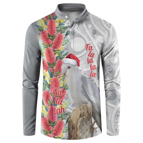 Blue Galah Mutation Christmas Australia Button Sweatshirt Falalalala Galalah Bottlebrush Grey Aboriginal Art - Aussie Hoodie