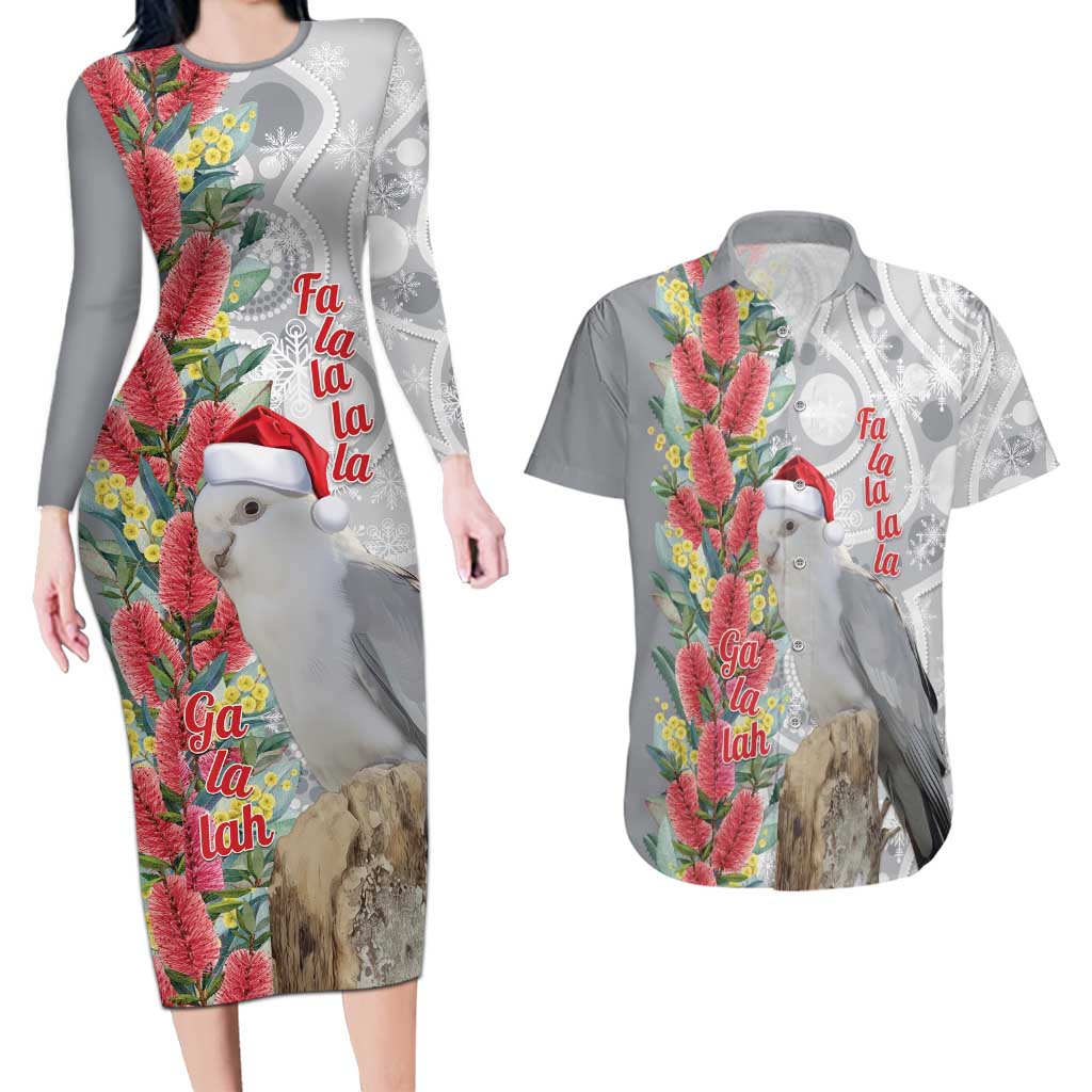 Blue Galah Mutation Christmas Australia Couples Matching Long Sleeve Bodycon Dress and Hawaiian Shirt Falalalala Galalah Bottlebrush Grey Aboriginal Art - Aussie Hoodie