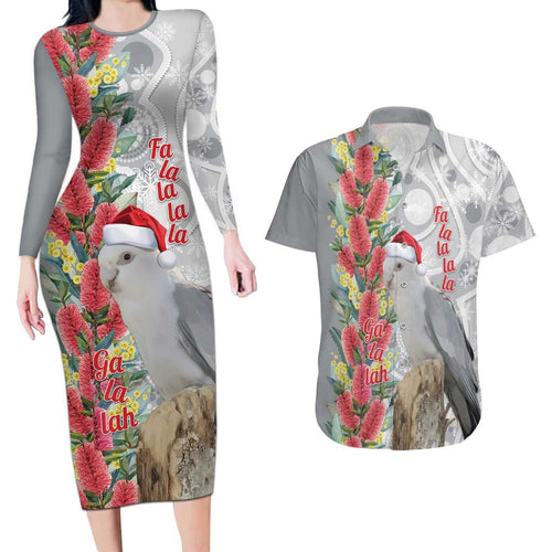 Blue Galah Mutation Christmas Australia Couples Matching Long Sleeve Bodycon Dress and Hawaiian Shirt Falalalala Galalah Bottlebrush Grey Aboriginal Art - Aussie Hoodie