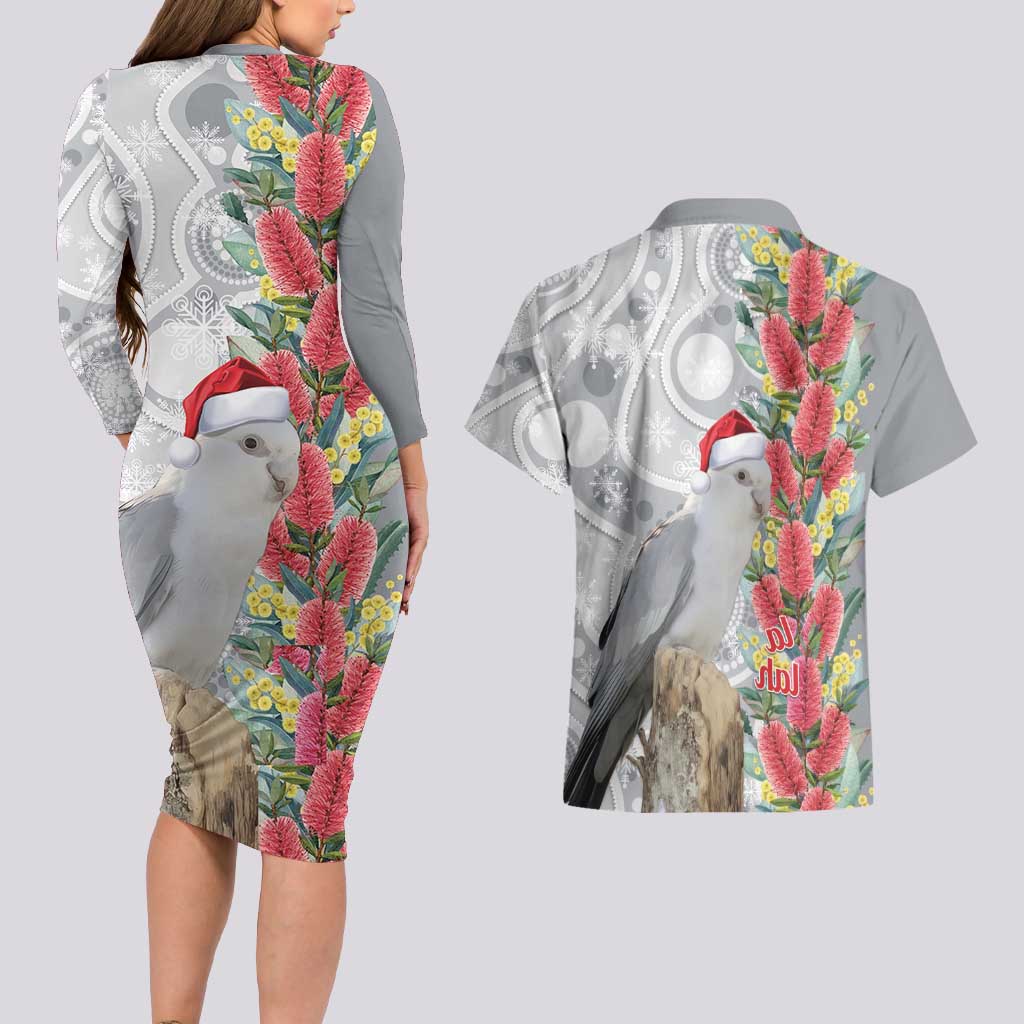 Blue Galah Mutation Christmas Australia Couples Matching Long Sleeve Bodycon Dress and Hawaiian Shirt Falalalala Galalah Bottlebrush Grey Aboriginal Art - Aussie Hoodie
