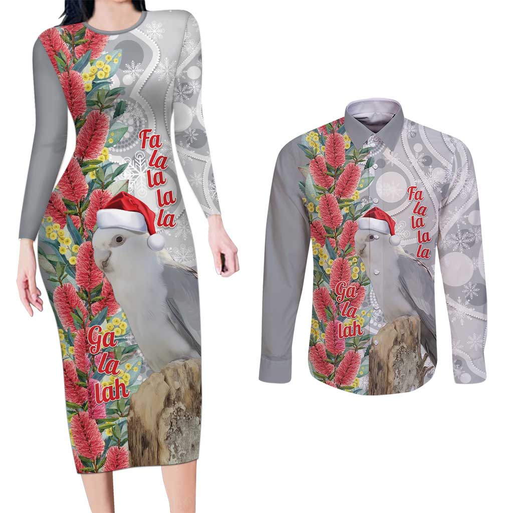 Blue Galah Mutation Christmas Australia Couples Matching Long Sleeve Bodycon Dress and Long Sleeve Button Shirt Falalalala Galalah Bottlebrush Grey Aboriginal Art - Aussie Hoodie