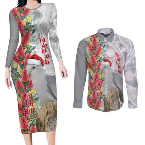 Blue Galah Mutation Christmas Australia Couples Matching Long Sleeve Bodycon Dress and Long Sleeve Button Shirt Falalalala Galalah Bottlebrush Grey Aboriginal Art - Aussie Hoodie