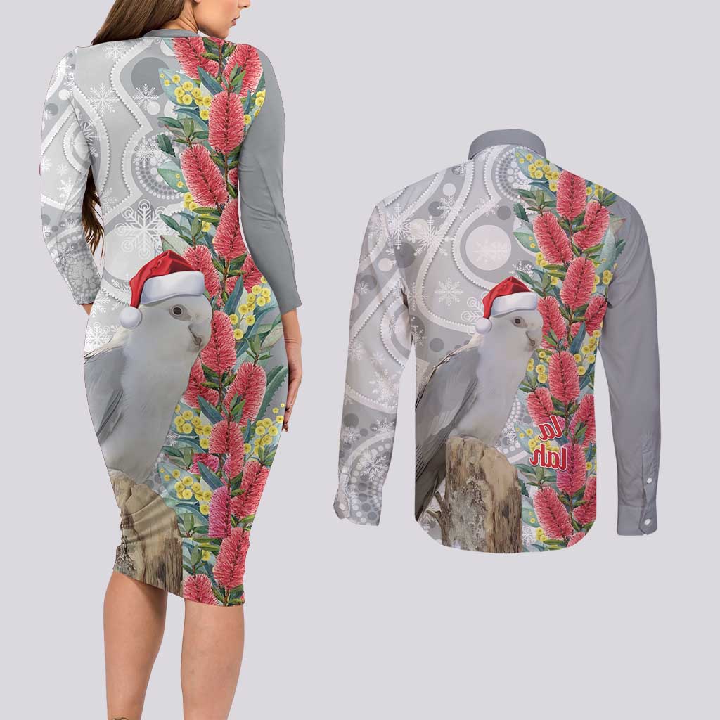 Blue Galah Mutation Christmas Australia Couples Matching Long Sleeve Bodycon Dress and Long Sleeve Button Shirt Falalalala Galalah Bottlebrush Grey Aboriginal Art - Aussie Hoodie