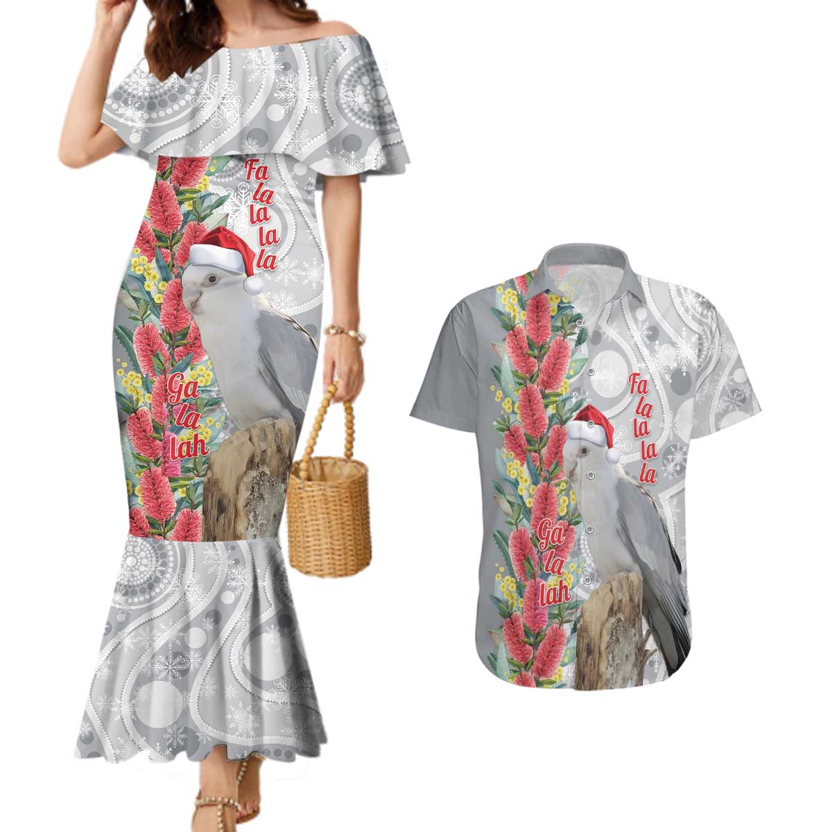 Blue Galah Mutation Christmas Australia Couples Matching Mermaid Dress and Hawaiian Shirt Falalalala Galalah Bottlebrush Grey Aboriginal Art - Aussie Hoodie