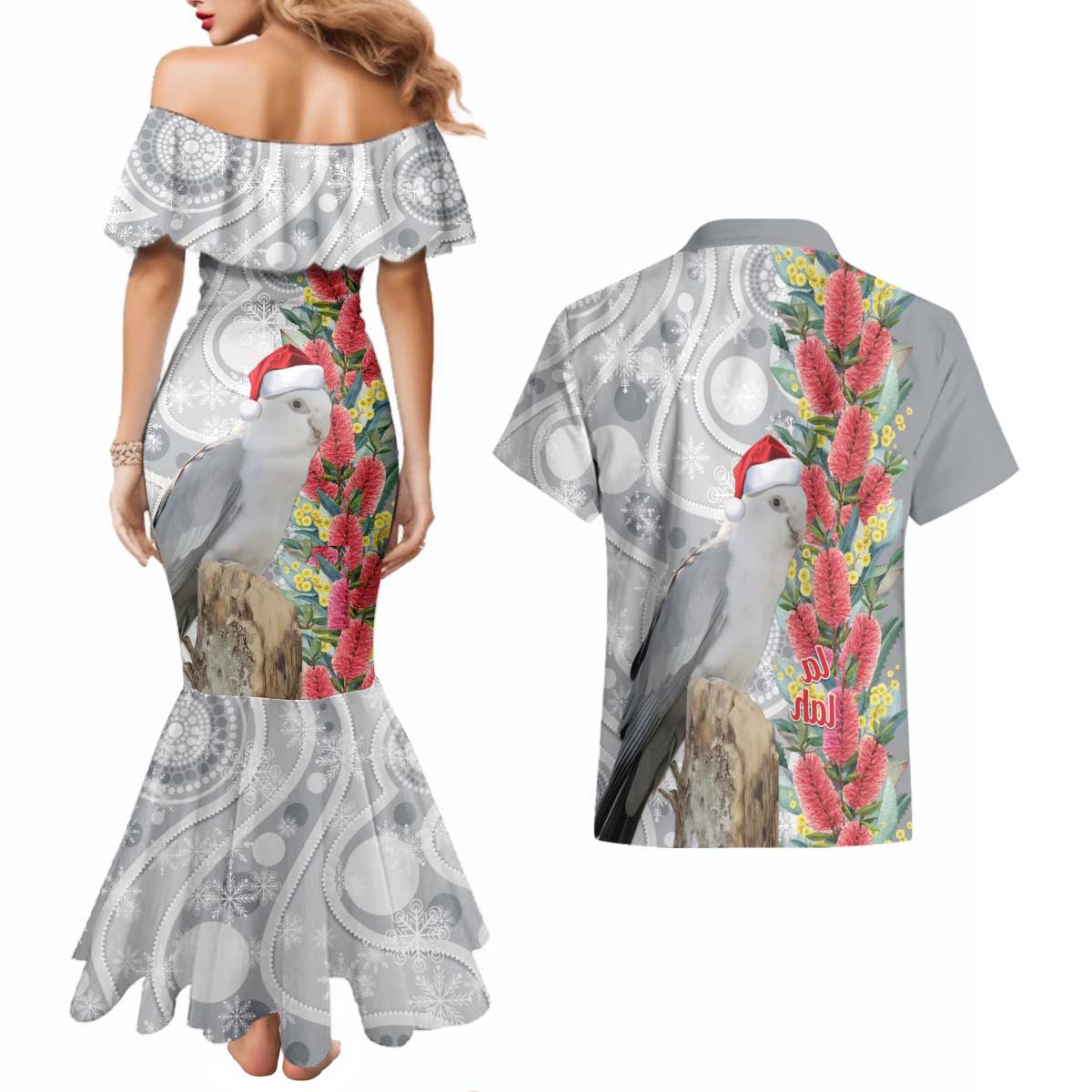Blue Galah Mutation Christmas Australia Couples Matching Mermaid Dress and Hawaiian Shirt Falalalala Galalah Bottlebrush Grey Aboriginal Art - Aussie Hoodie