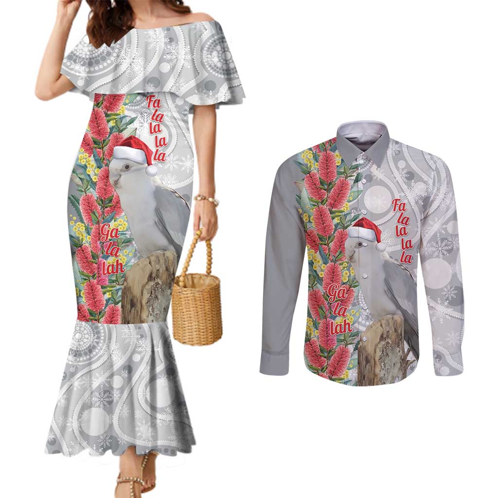 Blue Galah Mutation Christmas Australia Couples Matching Mermaid Dress and Long Sleeve Button Shirt Falalalala Galalah Bottlebrush Grey Aboriginal Art - Aussie Hoodie