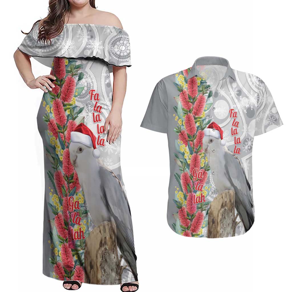 Blue Galah Mutation Christmas Australia Couples Matching Off Shoulder Maxi Dress and Hawaiian Shirt Falalalala Galalah Bottlebrush Grey Aboriginal Art - Aussie Hoodie