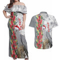 Blue Galah Mutation Christmas Australia Couples Matching Off Shoulder Maxi Dress and Hawaiian Shirt Falalalala Galalah Bottlebrush Grey Aboriginal Art - Aussie Hoodie