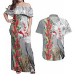 Blue Galah Mutation Christmas Australia Couples Matching Off Shoulder Maxi Dress and Hawaiian Shirt Falalalala Galalah Bottlebrush Grey Aboriginal Art - Aussie Hoodie