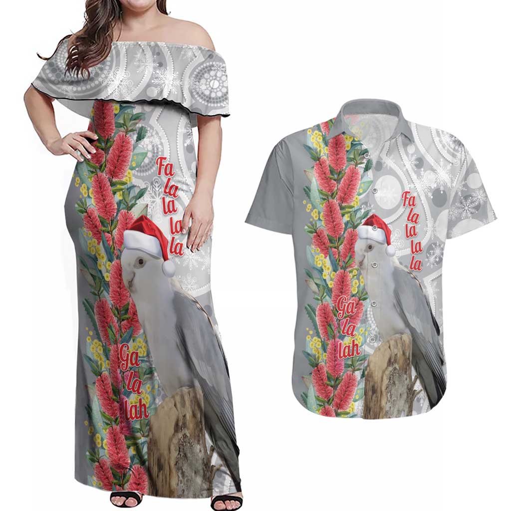 Blue Galah Mutation Christmas Australia Couples Matching Off Shoulder Maxi Dress and Hawaiian Shirt Falalalala Galalah Bottlebrush Grey Aboriginal Art - Aussie Hoodie