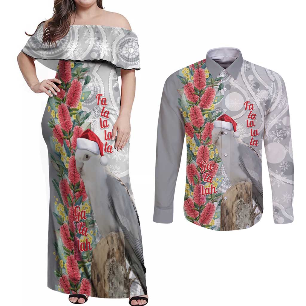 Blue Galah Mutation Christmas Australia Couples Matching Off Shoulder Maxi Dress and Long Sleeve Button Shirt Falalalala Galalah Bottlebrush Grey Aboriginal Art - Aussie Hoodie