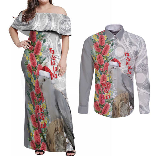 Blue Galah Mutation Christmas Australia Couples Matching Off Shoulder Maxi Dress and Long Sleeve Button Shirt Falalalala Galalah Bottlebrush Grey Aboriginal Art - Aussie Hoodie
