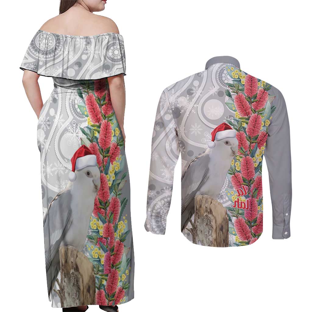Blue Galah Mutation Christmas Australia Couples Matching Off Shoulder Maxi Dress and Long Sleeve Button Shirt Falalalala Galalah Bottlebrush Grey Aboriginal Art - Aussie Hoodie