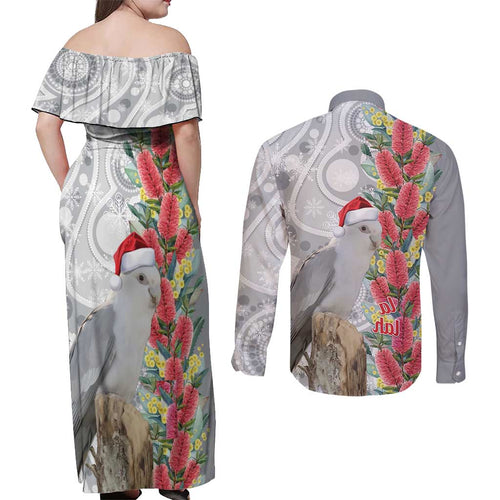 Blue Galah Mutation Christmas Australia Couples Matching Off Shoulder Maxi Dress and Long Sleeve Button Shirt Falalalala Galalah Bottlebrush Grey Aboriginal Art - Aussie Hoodie