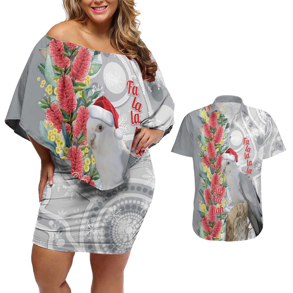Blue Galah Mutation Christmas Australia Couples Matching Off Shoulder Short Dress and Hawaiian Shirt Falalalala Galalah Bottlebrush Grey Aboriginal Art - Aussie Hoodie