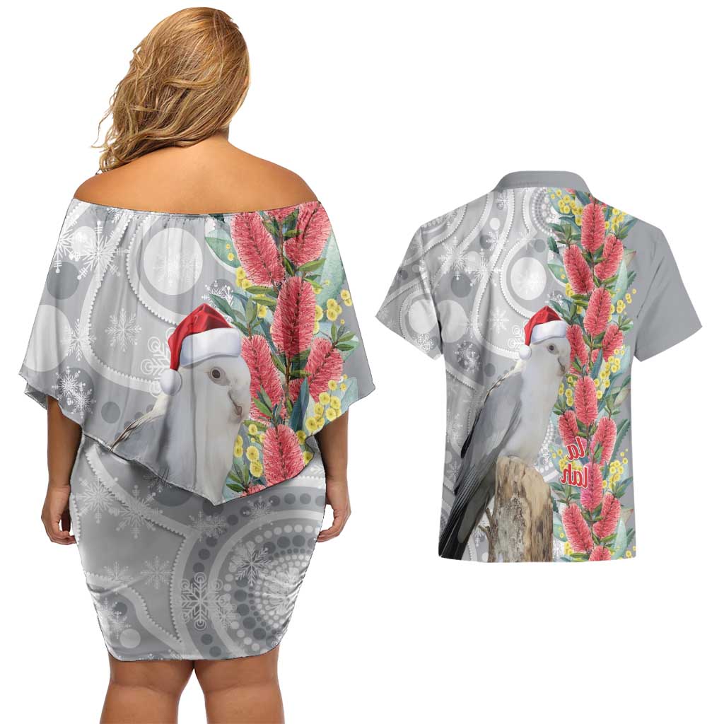 Blue Galah Mutation Christmas Australia Couples Matching Off Shoulder Short Dress and Hawaiian Shirt Falalalala Galalah Bottlebrush Grey Aboriginal Art - Aussie Hoodie