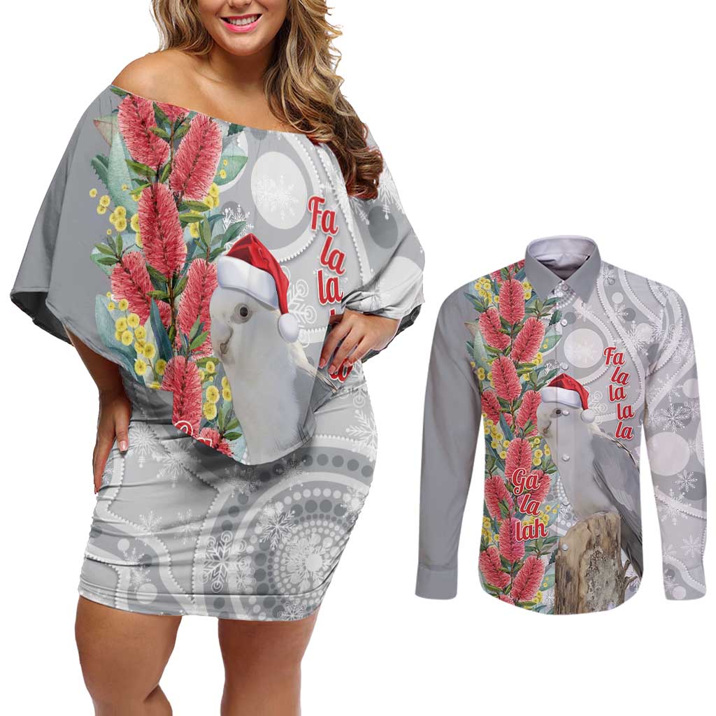 Blue Galah Mutation Christmas Australia Couples Matching Off Shoulder Short Dress and Long Sleeve Button Shirt Falalalala Galalah Bottlebrush Grey Aboriginal Art - Aussie Hoodie