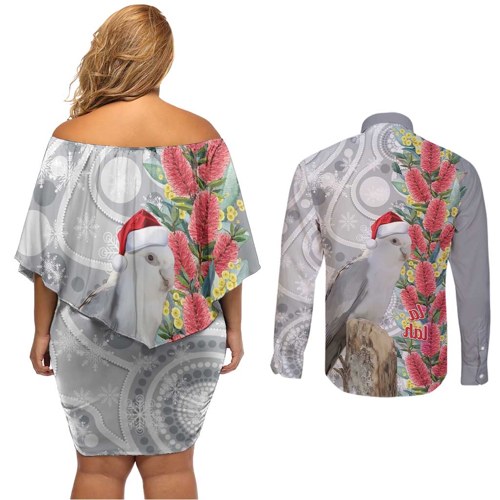 Blue Galah Mutation Christmas Australia Couples Matching Off Shoulder Short Dress and Long Sleeve Button Shirt Falalalala Galalah Bottlebrush Grey Aboriginal Art - Aussie Hoodie