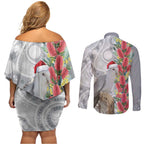 Blue Galah Mutation Christmas Australia Couples Matching Off Shoulder Short Dress and Long Sleeve Button Shirt Falalalala Galalah Bottlebrush Grey Aboriginal Art - Aussie Hoodie