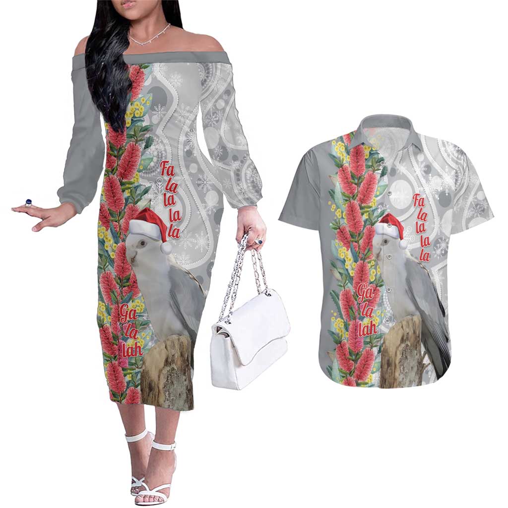 Blue Galah Mutation Christmas Australia Couples Matching Off The Shoulder Long Sleeve Dress and Hawaiian Shirt Falalalala Galalah Bottlebrush Grey Aboriginal Art - Aussie Hoodie