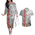 Blue Galah Mutation Christmas Australia Couples Matching Off The Shoulder Long Sleeve Dress and Hawaiian Shirt Falalalala Galalah Bottlebrush Grey Aboriginal Art - Aussie Hoodie