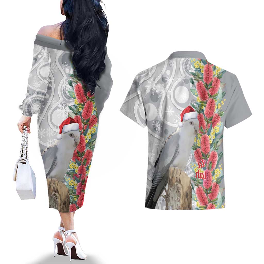 Blue Galah Mutation Christmas Australia Couples Matching Off The Shoulder Long Sleeve Dress and Hawaiian Shirt Falalalala Galalah Bottlebrush Grey Aboriginal Art - Aussie Hoodie