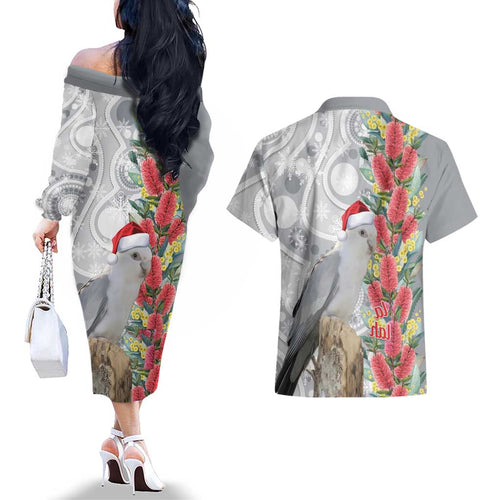 Blue Galah Mutation Christmas Australia Couples Matching Off The Shoulder Long Sleeve Dress and Hawaiian Shirt Falalalala Galalah Bottlebrush Grey Aboriginal Art - Aussie Hoodie