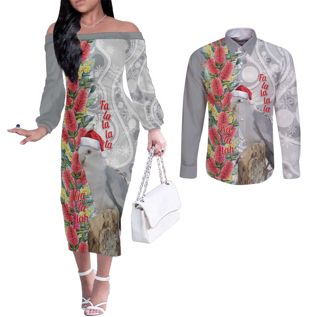 Blue Galah Mutation Christmas Australia Couples Matching Off The Shoulder Long Sleeve Dress and Long Sleeve Button Shirt Falalalala Galalah Bottlebrush Grey Aboriginal Art - Aussie Hoodie