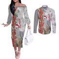 Blue Galah Mutation Christmas Australia Couples Matching Off The Shoulder Long Sleeve Dress and Long Sleeve Button Shirt Falalalala Galalah Bottlebrush Grey Aboriginal Art - Aussie Hoodie