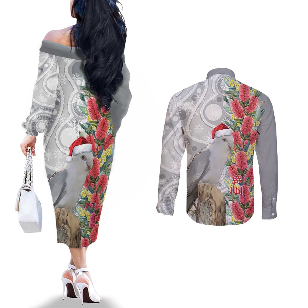 Blue Galah Mutation Christmas Australia Couples Matching Off The Shoulder Long Sleeve Dress and Long Sleeve Button Shirt Falalalala Galalah Bottlebrush Grey Aboriginal Art - Aussie Hoodie