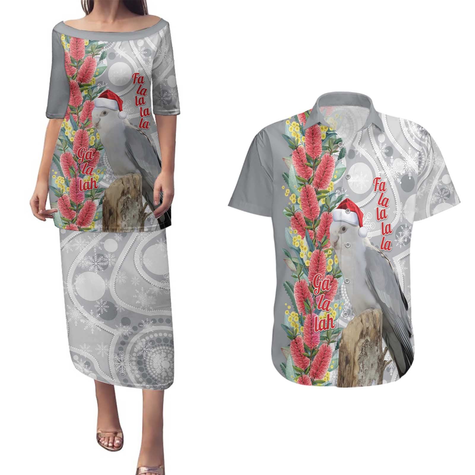 Blue Galah Mutation Christmas Australia Couples Matching Puletasi and Hawaiian Shirt Falalalala Galalah Bottlebrush Grey Aboriginal Art - Aussie Hoodie