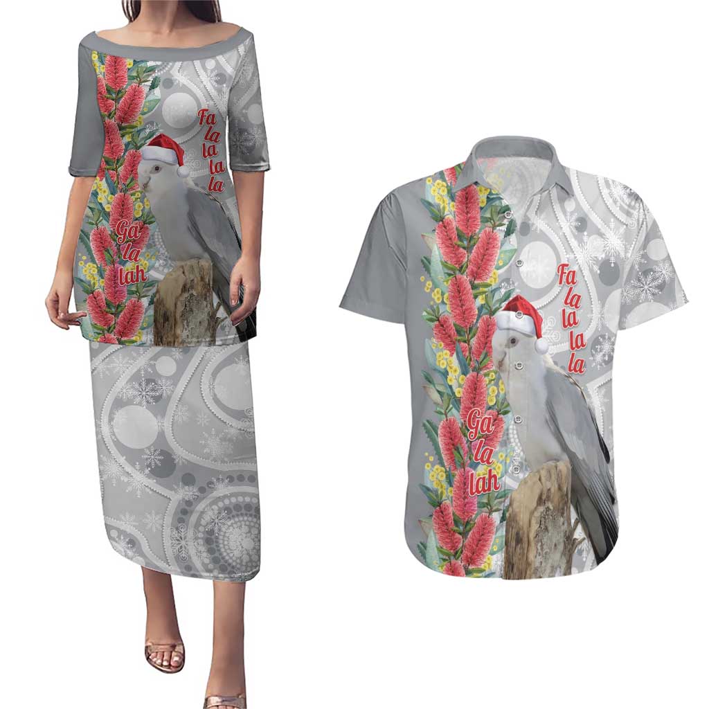 Blue Galah Mutation Christmas Australia Couples Matching Puletasi and Hawaiian Shirt Falalalala Galalah Bottlebrush Grey Aboriginal Art - Aussie Hoodie