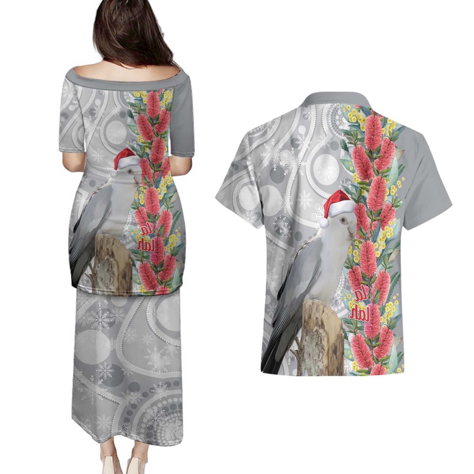 Blue Galah Mutation Christmas Australia Couples Matching Puletasi and Hawaiian Shirt Falalalala Galalah Bottlebrush Grey Aboriginal Art - Aussie Hoodie