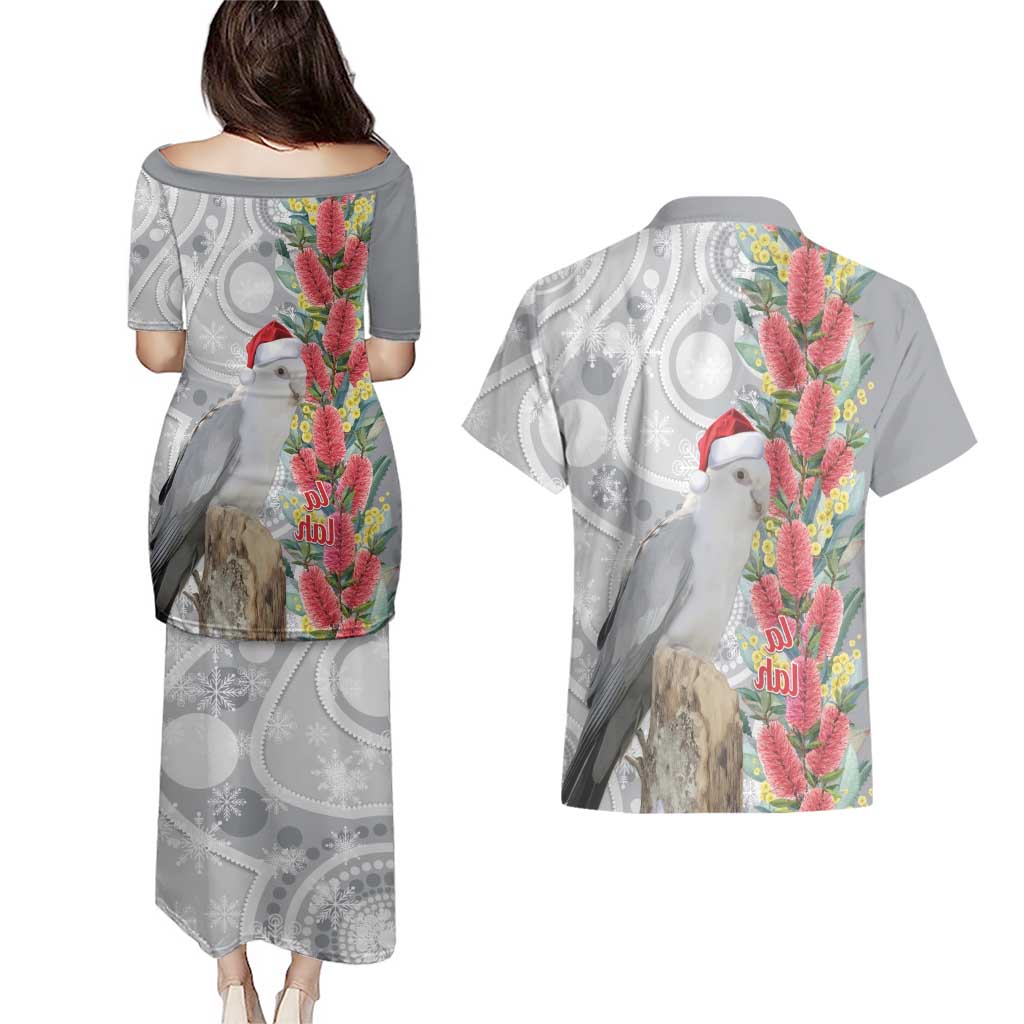 Blue Galah Mutation Christmas Australia Couples Matching Puletasi and Hawaiian Shirt Falalalala Galalah Bottlebrush Grey Aboriginal Art - Aussie Hoodie