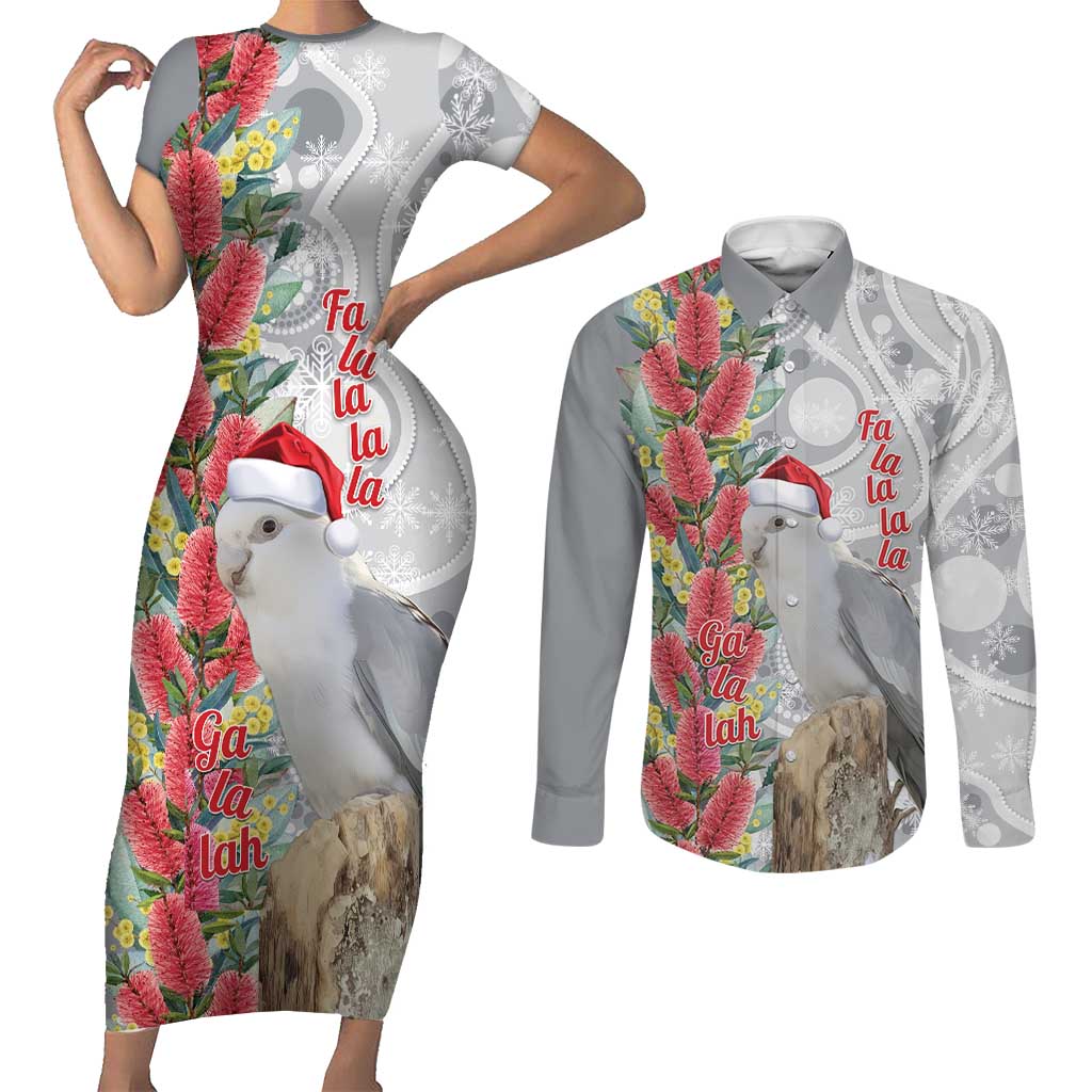 Blue Galah Mutation Christmas Australia Couples Matching Short Sleeve Bodycon Dress and Long Sleeve Button Shirt Falalalala Galalah Bottlebrush Grey Aboriginal Art - Aussie Hoodie
