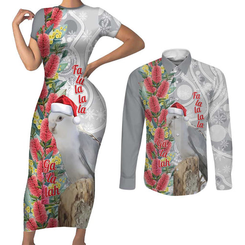 Blue Galah Mutation Christmas Australia Couples Matching Short Sleeve Bodycon Dress and Long Sleeve Button Shirt Falalalala Galalah Bottlebrush Grey Aboriginal Art - Aussie Hoodie