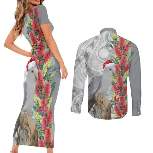 Blue Galah Mutation Christmas Australia Couples Matching Short Sleeve Bodycon Dress and Long Sleeve Button Shirt Falalalala Galalah Bottlebrush Grey Aboriginal Art - Aussie Hoodie