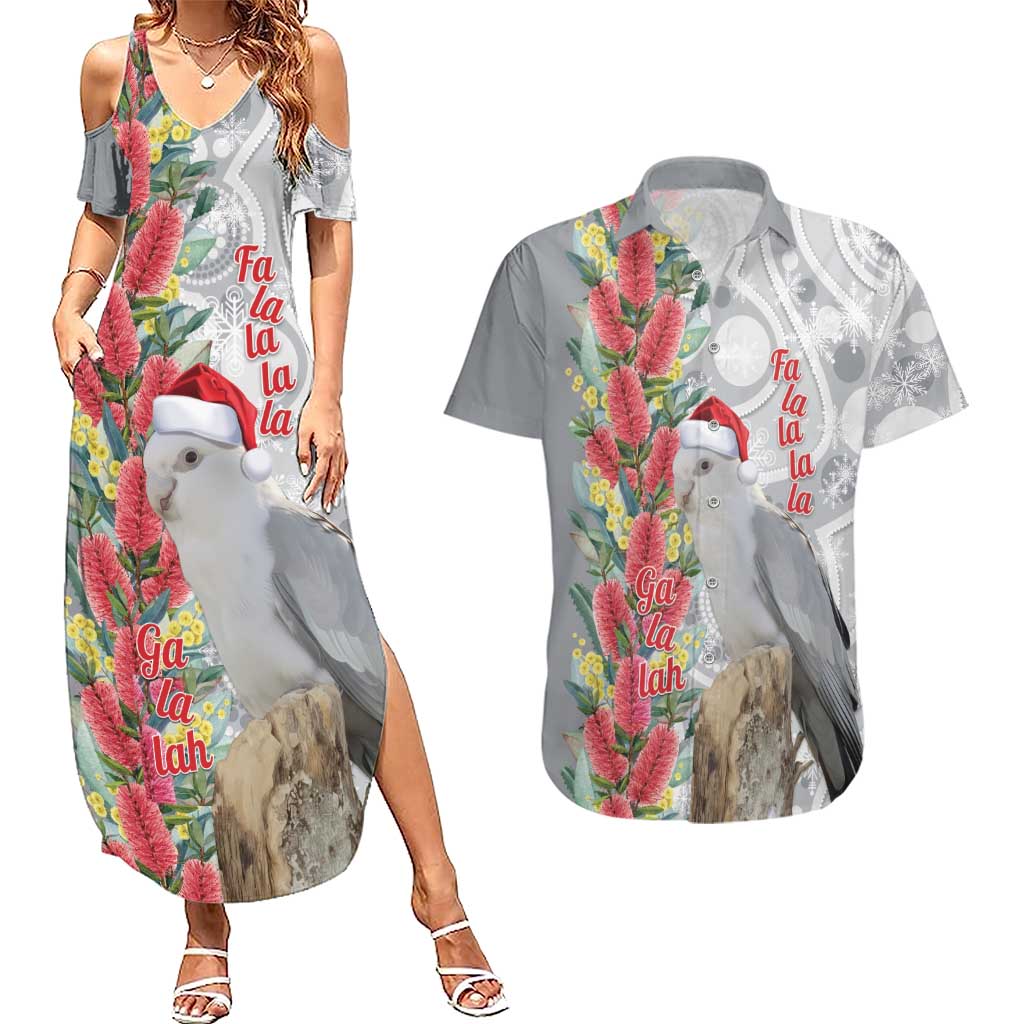 Blue Galah Mutation Christmas Australia Couples Matching Summer Maxi Dress and Hawaiian Shirt Falalalala Galalah Bottlebrush Grey Aboriginal Art - Aussie Hoodie