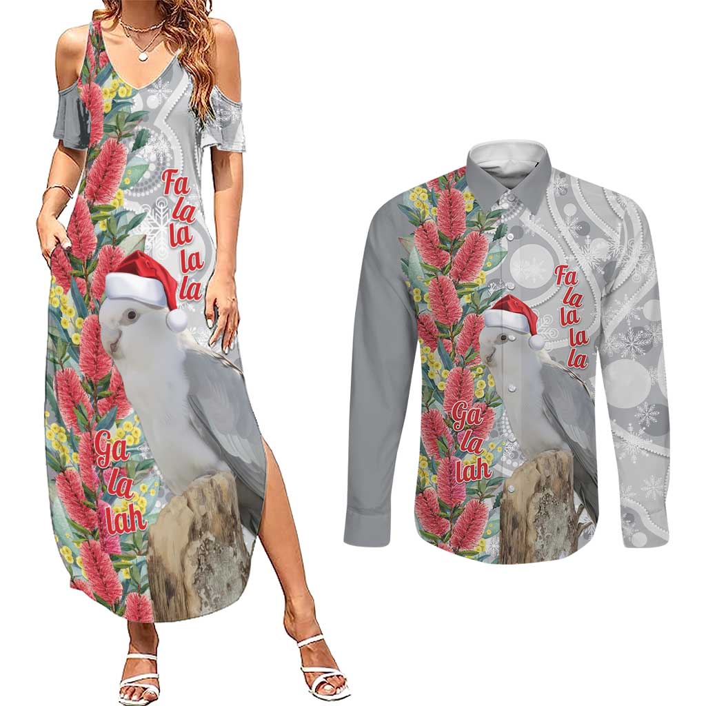Blue Galah Mutation Christmas Australia Couples Matching Summer Maxi Dress and Long Sleeve Button Shirt Falalalala Galalah Bottlebrush Grey Aboriginal Art - Aussie Hoodie