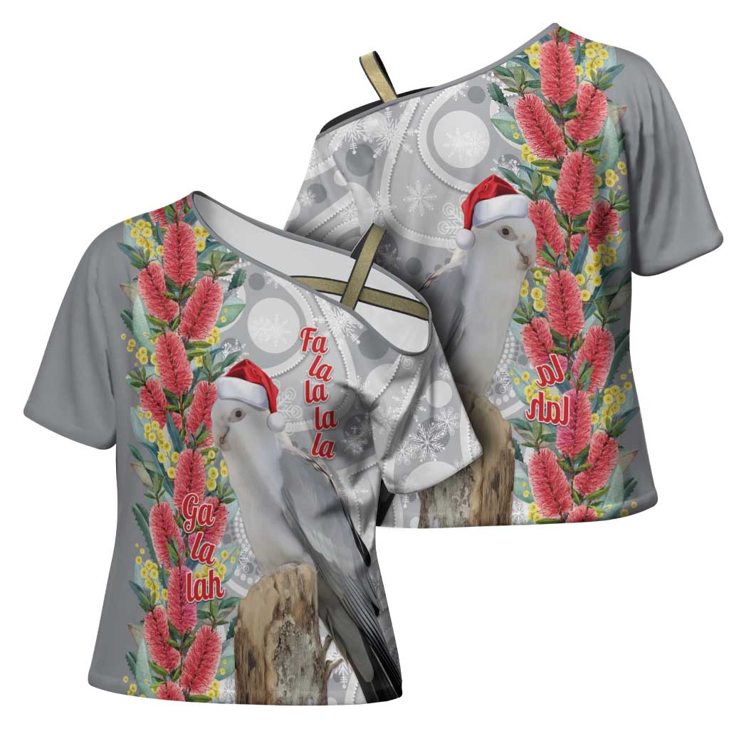Blue Galah Mutation Christmas Australia Cross Shoulder Shirt Falalalala Galalah Bottlebrush Grey Aboriginal Art - Aussie Hoodie