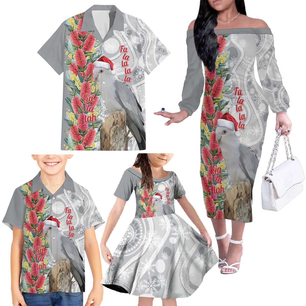 Blue Galah Mutation Christmas Australia Family Matching Off The Shoulder Long Sleeve Dress and Hawaiian Shirt Falalalala Galalah Bottlebrush Grey Aboriginal Art - Aussie Hoodie