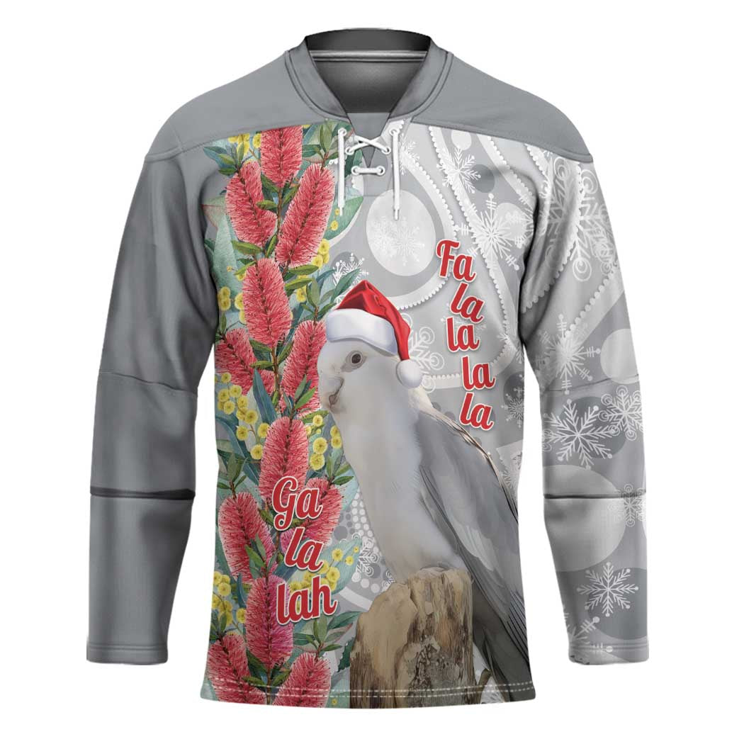 Blue Galah Mutation Christmas Australia Hockey Jersey Falalalala Galalah Bottlebrush Grey Aboriginal Art - Aussie Hoodie