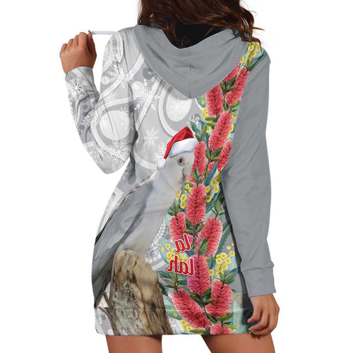 Blue Galah Mutation Christmas Australia Hoodie Dress Falalalala Galalah Bottlebrush Grey Aboriginal Art - Aussie Hoodie