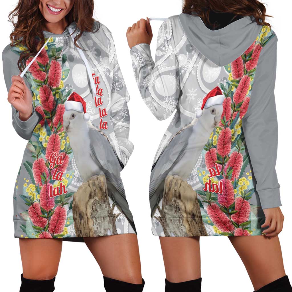 Blue Galah Mutation Christmas Australia Hoodie Dress Falalalala Galalah Bottlebrush Grey Aboriginal Art - Aussie Hoodie