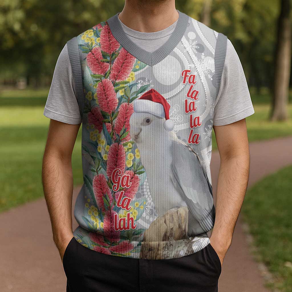 Blue Galah Mutation Christmas Australia Christmas Knitted V-Neck Vest Falalalala Galalah Bottlebrush Grey Aboriginal Art - Aussie Hoodie
