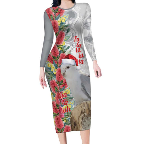 Blue Galah Mutation Christmas Australia Long Sleeve Bodycon Dress Falalalala Galalah Bottlebrush Grey Aboriginal Art - Aussie Hoodie